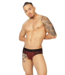 A pair of maroon and black gigo mix wine brief athletic briefs with supportive contoured design