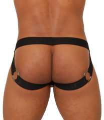 Black leather harness-style briefs with metallic rings at sides from gigo mix wine jockstrap collection