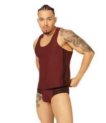 Maroon athletic tank top with black side stripes and matching briefs from Gigo Mix wine tank collection