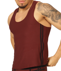 Maroon gigo mix wine tank athletic top with black vertical stripes down the sides for sports and workouts