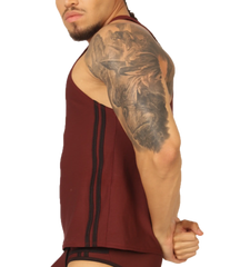 Gigo Mix Wine tank is a maroon cotton tank top with black vertical stripes ideal for casual summer wear