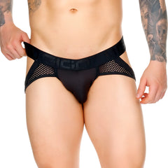 Gigo morocco black brief jockstrap with black mesh fabric and wide elastic waistband featuring gigo branding