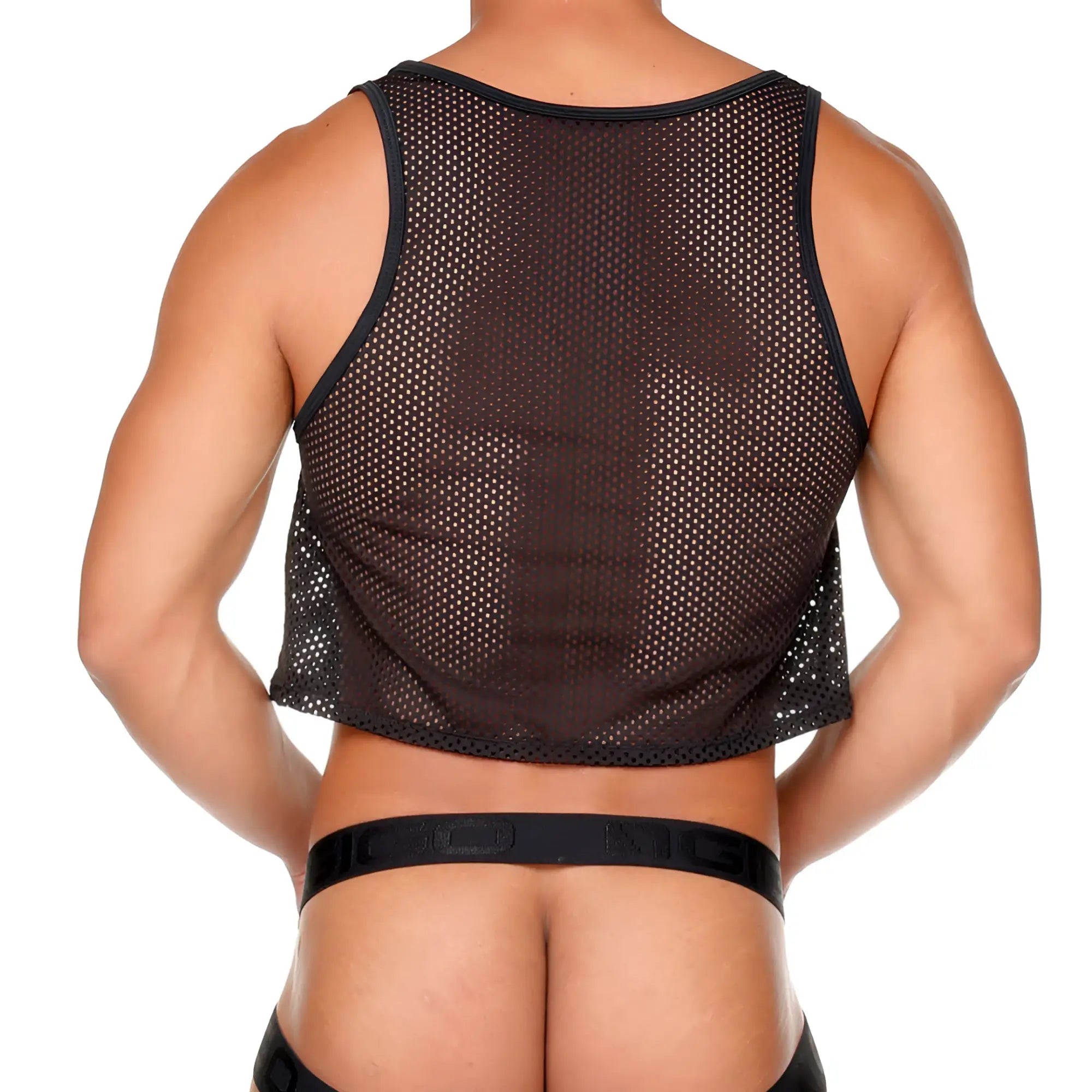Gigo Morocco black crop top featuring a sleek black mesh design with reinforced trim along the edges