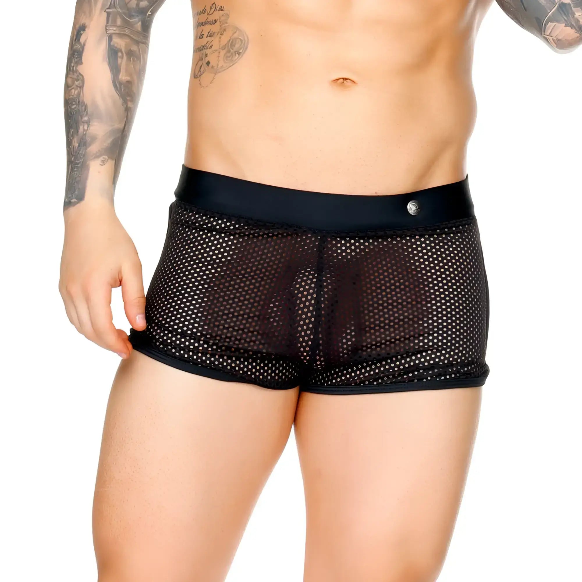 Gigo Morocco black hotshort mesh briefs with a solid black elastic waistband and small metallic button at the front