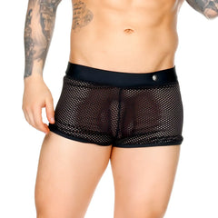 Gigo Morocco black hotshort mesh briefs with a solid black elastic waistband and small metallic button at the front