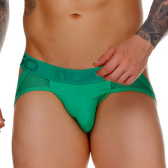 Vibrant green gigo morocco brief jockstrap with mesh panel and branded waistband in athletic material