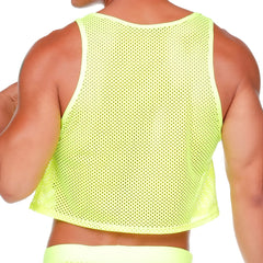 Gigo Morocco yellow crop top in neon yellow mesh with round neckline and thin straps for casual wear