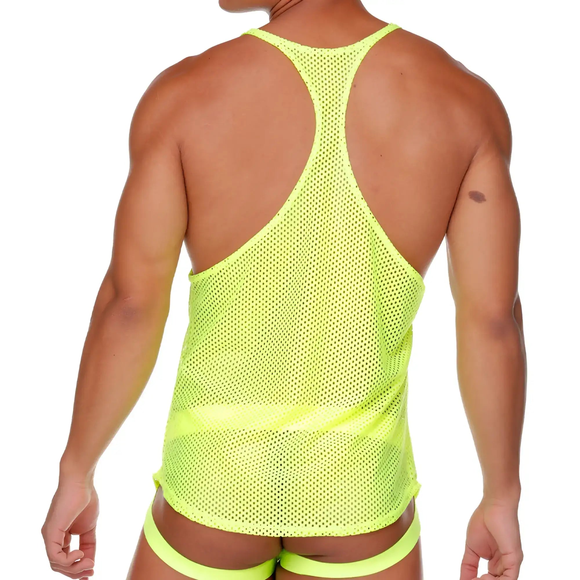 Neon yellow mesh gigo morocco tank top with racerback design shown from the back side