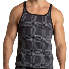 Gigo Mountain black tank featuring black and gray houndstooth pattern with black trim for stylish layering