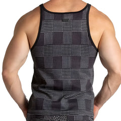 Gigo Mountain black tank top featuring black and gray houndstooth pattern with black trim for stylish wear