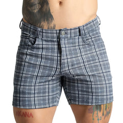 Blue and white plaid Gigo Mountain Square shorts with button closure perfect for casual outdoor wear