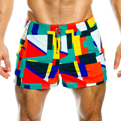 Gigo multicolor beachwear vibrant geometric patterned swim trunks in red teal yellow and navy blue for summer use