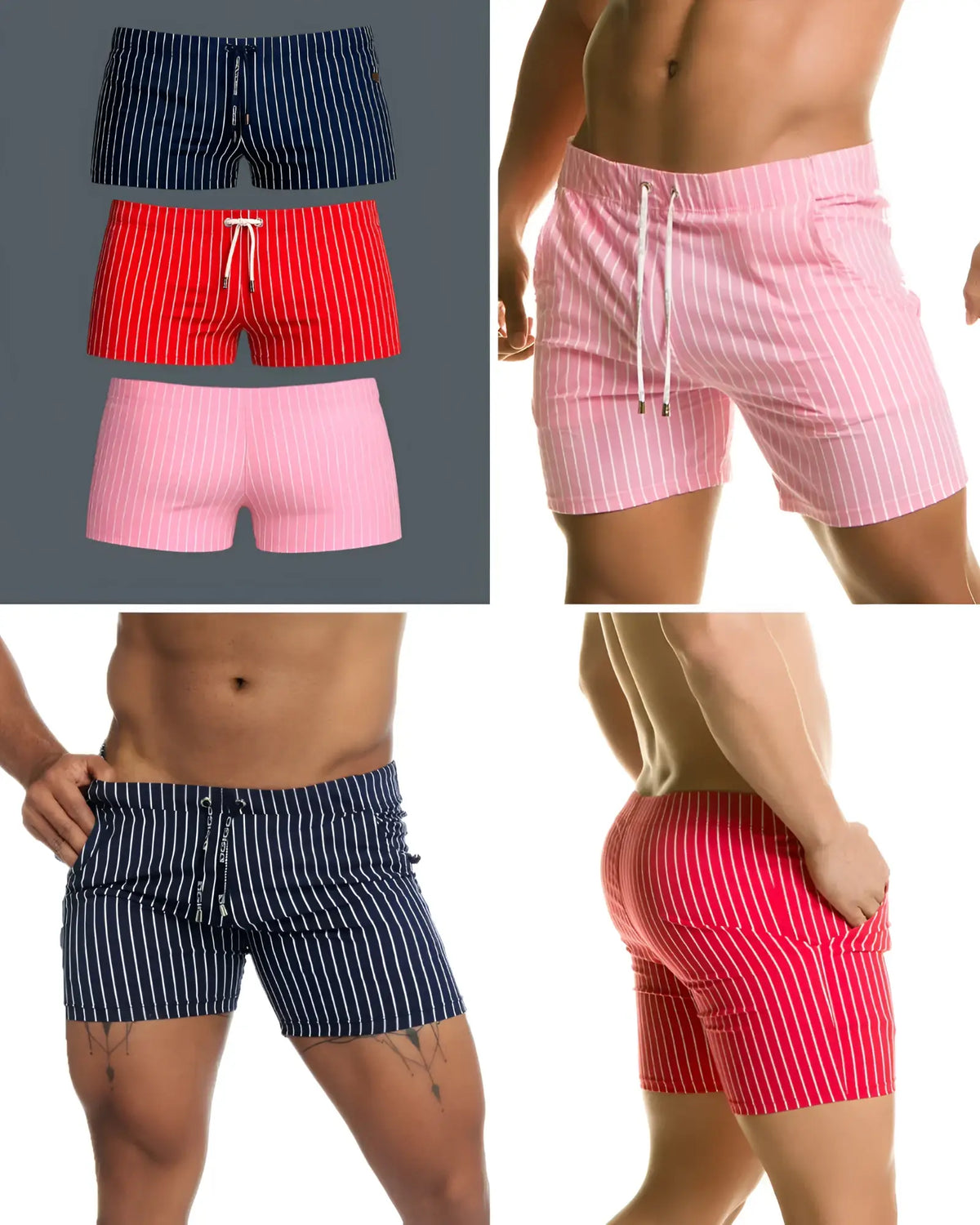 Three pairs of short, vertically striped swim trunks in navy, red, and pink with white drawstring waistbands.