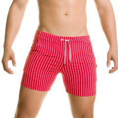 Red swim trunks with white vertical stripes and a drawstring waistband from gigo naval red beachwear collection