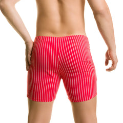Gigo Naval red beachwear menâ€™s swim trunks with red and white vertical stripes for beach and pool use