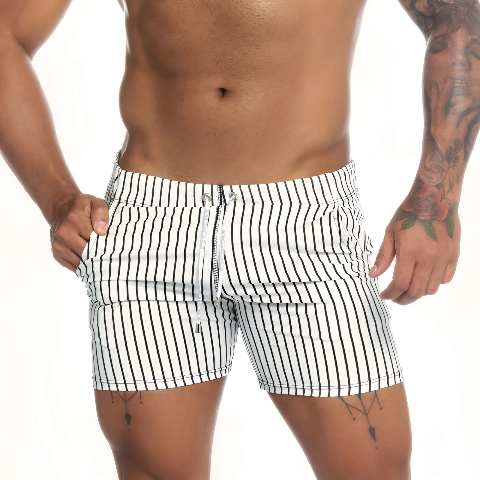 Gigo naval white beachwear white and black vertically striped swim trunks with drawstring waistband for casual beachwear