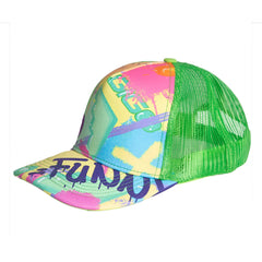 Vibrant gigo neon green caps trucker hat with neon green mesh back and colorful paint splatter design with bold purple