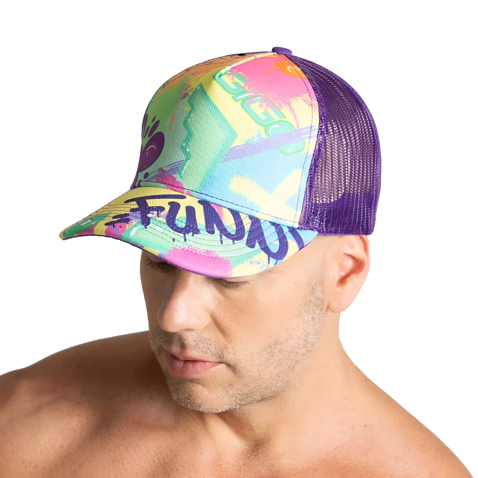 Vibrant gigo neon purple trucker hat with mesh back and colorful abstract design featuring fun lettering