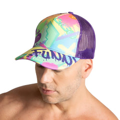 Vibrant gigo neon purple trucker hat with mesh back and colorful abstract design featuring fun lettering