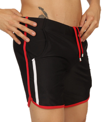 Gigo Nice black beachwear athletic shorts with red and white trim drawstring waistband and side pockets