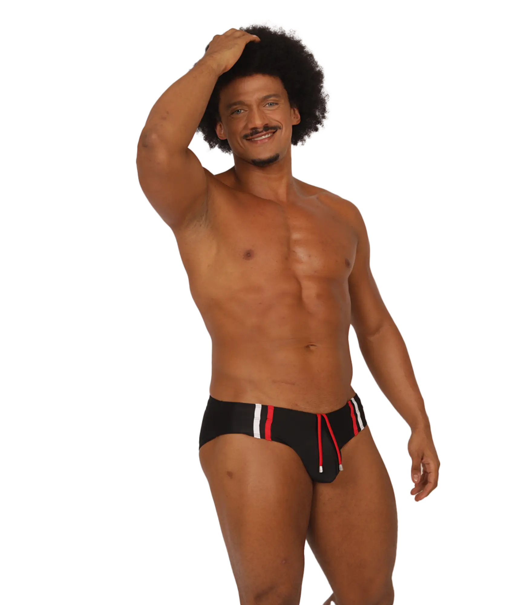 Gigo Nice black swimbrief with red and white striped side panels and drawstring ties for comfortable swimming