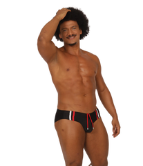 Gigo Nice black swimbrief with red and white striped side panels and drawstring ties for comfortable swimming
