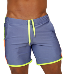 Gigo Nice Blue Beachwear blue athletic shorts with neon yellow drawstring and trim perfect for beachwear