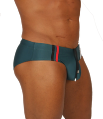 Teal gigo nice green swimbrief swim trunks with red and black side stripe detail for swimming and beachwear