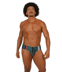Teal and white striped swim trunks with a red accent stripe from gigo nice green swimbrief collection