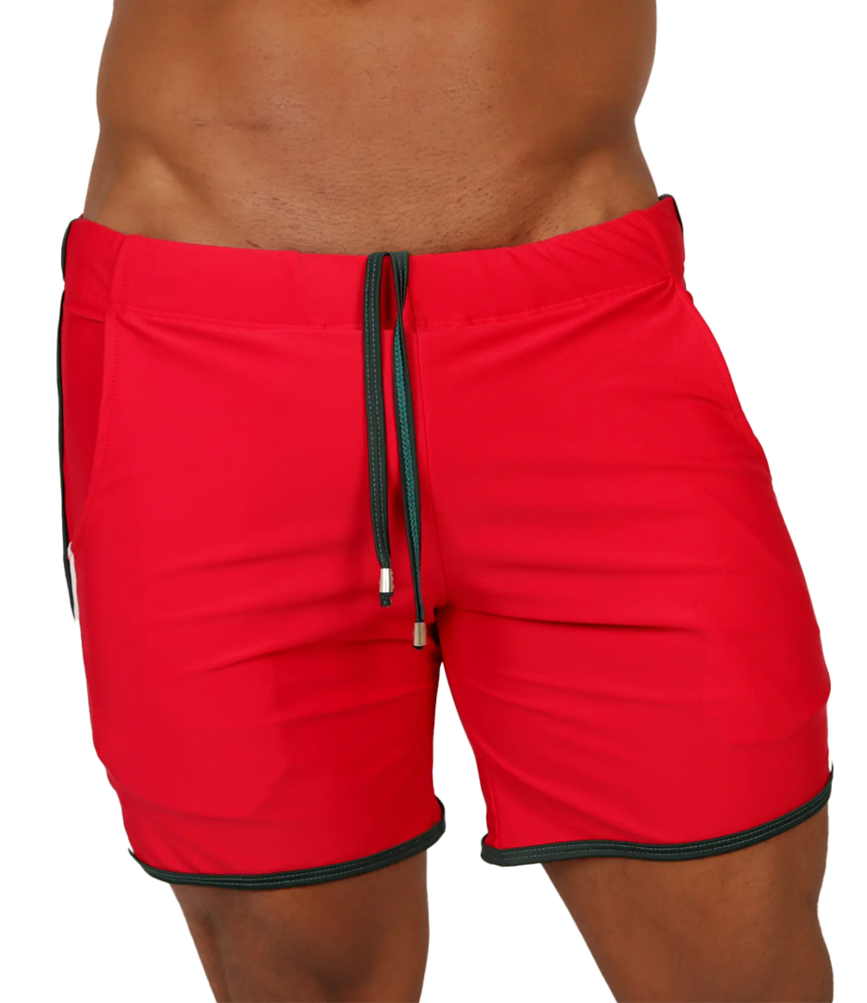Red athletic shorts with black trim and drawstring waistband from Gigo Nice red beachwear collection for casual wear