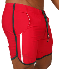 Red athletic shorts with white and black trim and drawstring waistband from gigo nice red beachwear collection