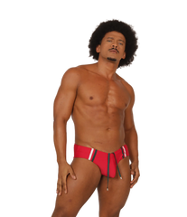 Gigo Nice red swimbrief with red swim trunks featuring white and black stripes on the sides for swimming