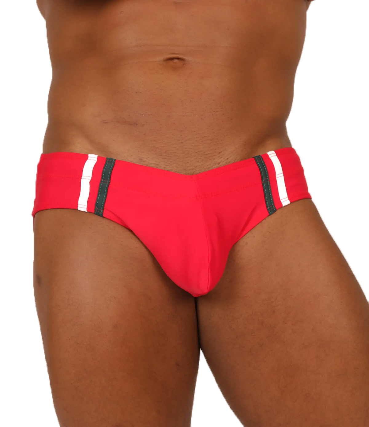 Vibrant red gigo nice red swimbrief with bold white and black striped side panels perfect for swimming