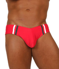 Vibrant red gigo nice red swimbrief with bold white and black striped side panels perfect for swimming