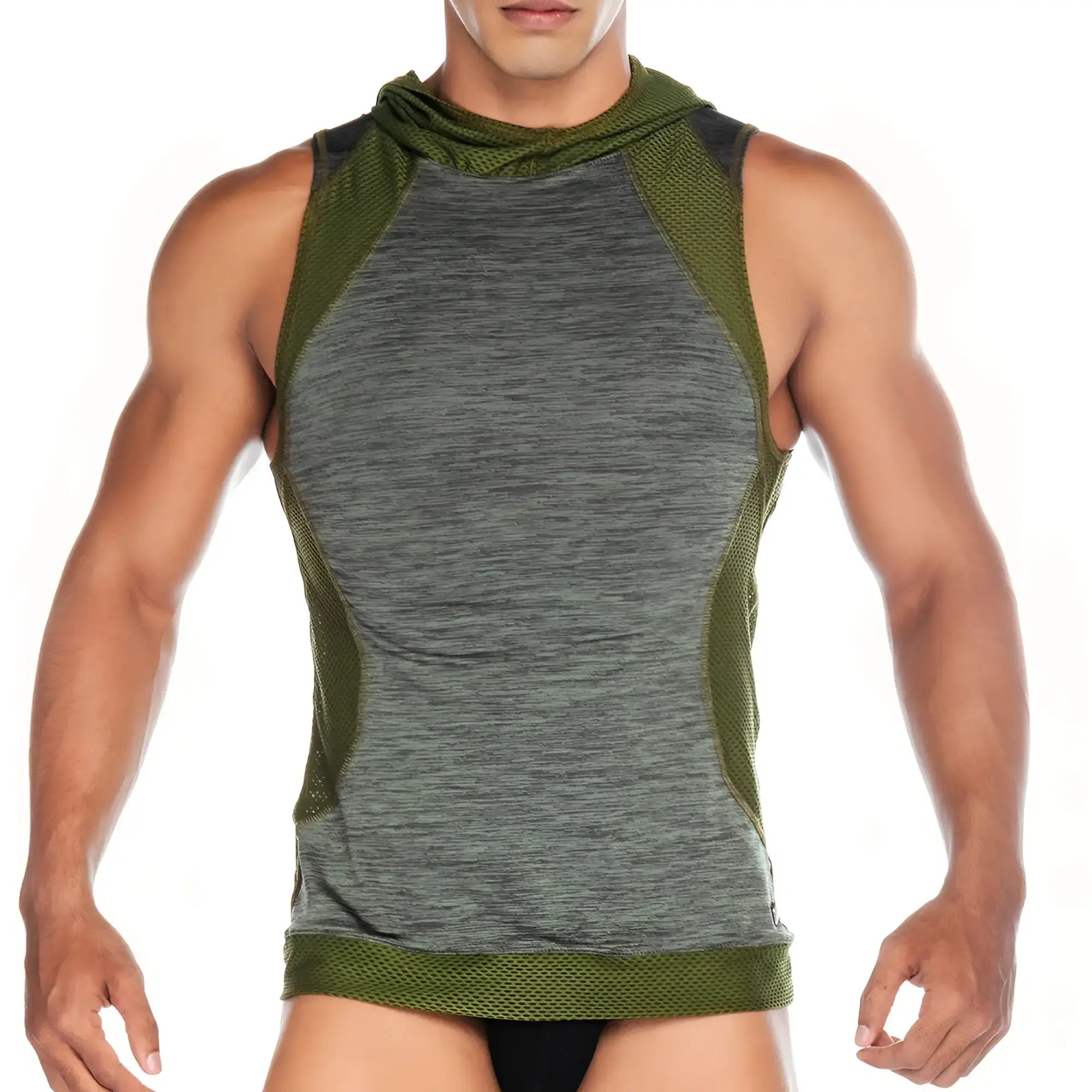 A menâ€™s sleeveless athletic top gigo nirvana green hoody tshirt with gray heathered fabric olive green mesh panels