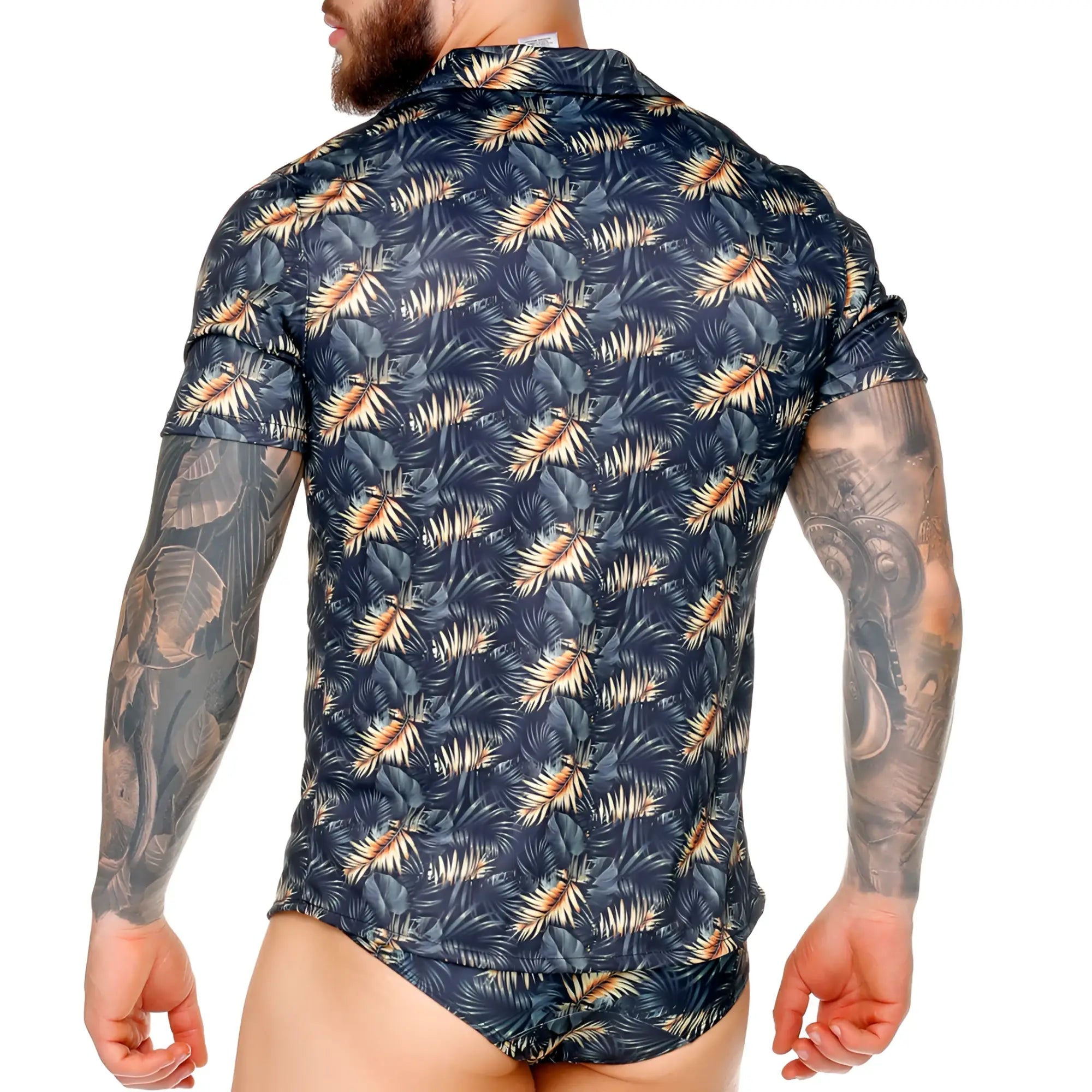 Dark blue short-sleeved gigo palms shirt with beige and light green tropical leaf pattern for casual wear