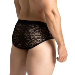 Black lace briefs gigo paradise with delicate floral pattern and solid black waistband front view