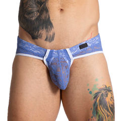 Blue lace thong with white trim and black brand tag from gigo paradise blue brief collection