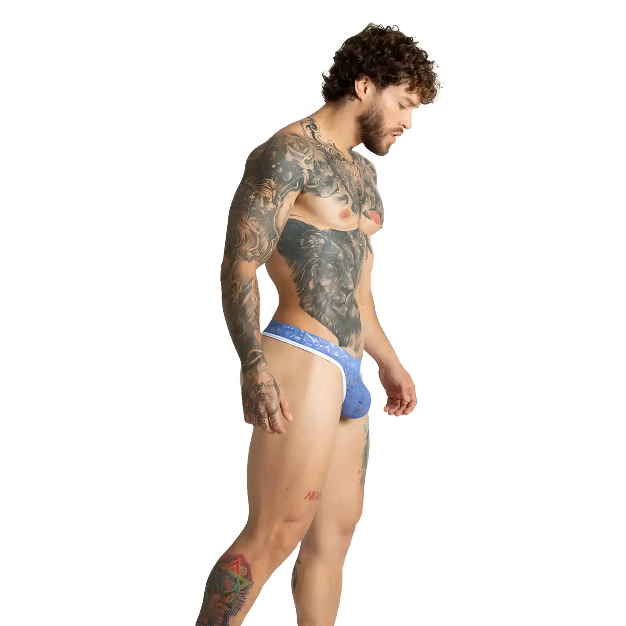 Blue lace-trimmed gigo paradise blue gstring menâ€™s briefs featuring delicate lace and a comfortable fit