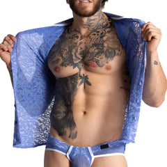 Blue lace mesh shirt featuring intricate floral and portrait patterns from gigo paradise collection