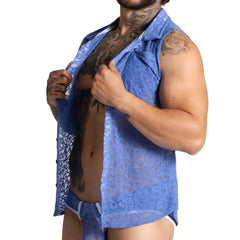 Blue lace sleeveless shirt with collar and button front design from gigo paradise for stylish summer wear