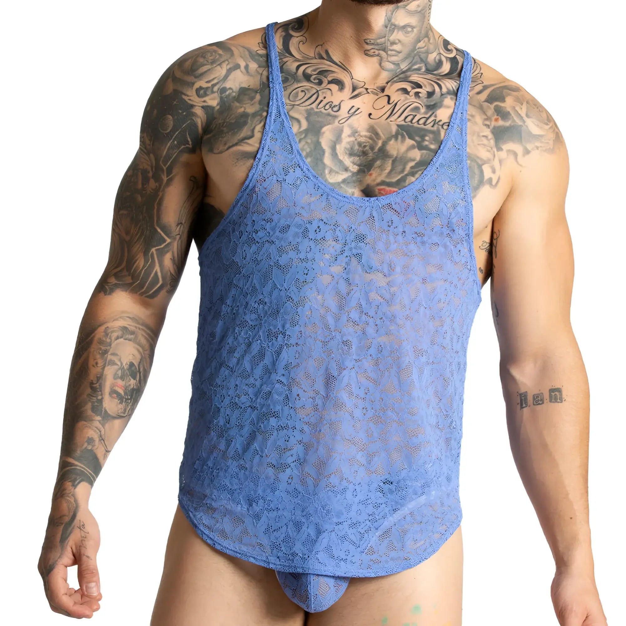 Gigo paradise blue tank blue lace menâ€™s tank top with sheer intricate floral pattern and low cut neckline