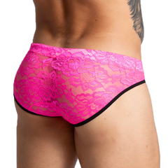 Bright pink lace briefs with black trim from Gigo Paradise fuchsia brief in front view