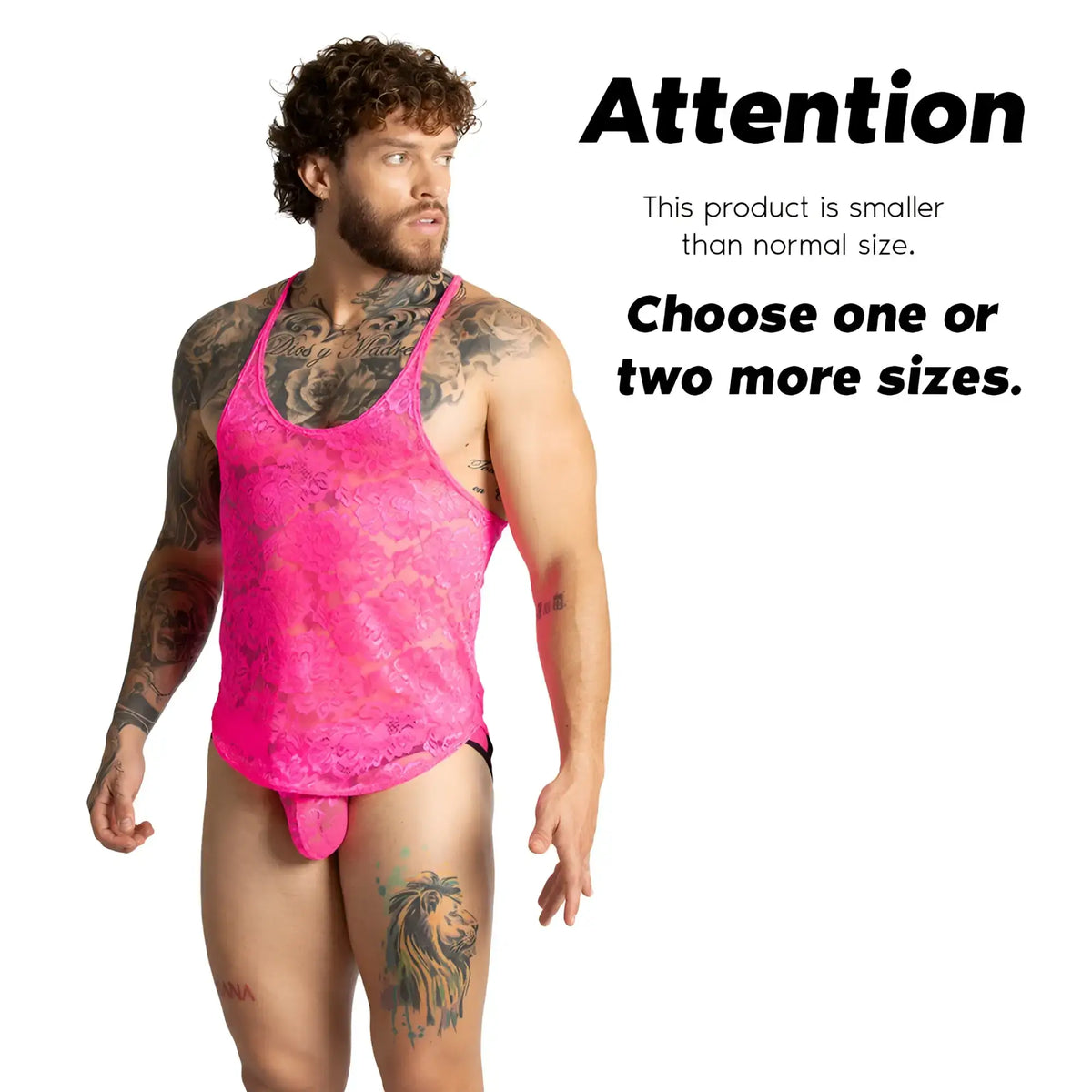 Vibrant pink lace menâ€™s underwear with matching thong and racerback design in gigo paradise fucshia tank style back view