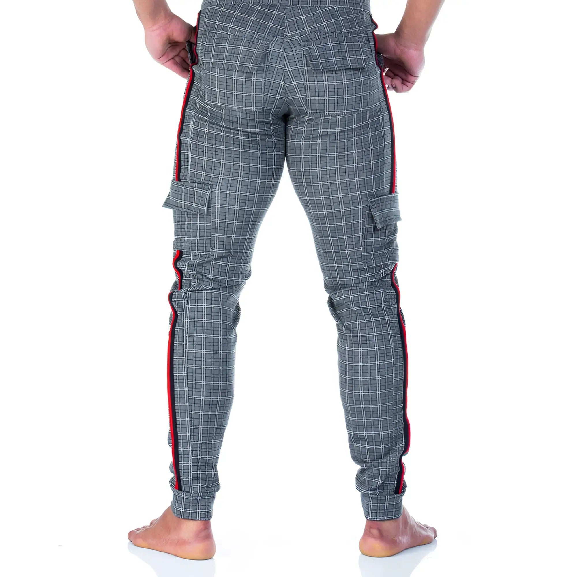 Gray plaid cargo sportpants with red side stripes and multiple pockets from Gigo Party Square collection