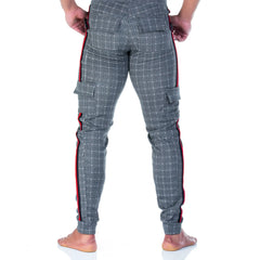 Gray plaid cargo sportpants with red side stripes and multiple pockets from Gigo Party Square collection