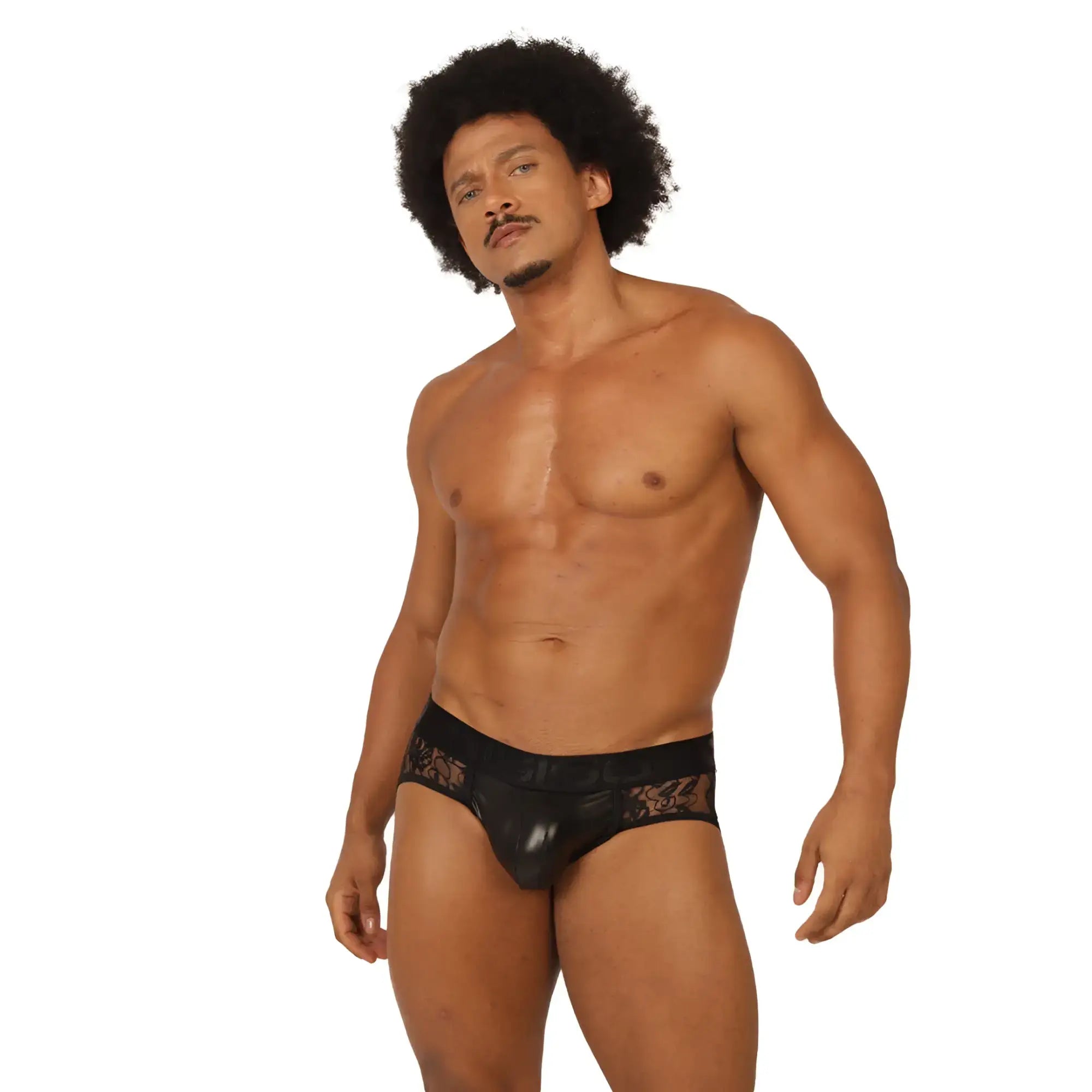 Gigo Passione black jock thong menâ€™s briefs with black lace trim and glossy sheer front panel for a bold look