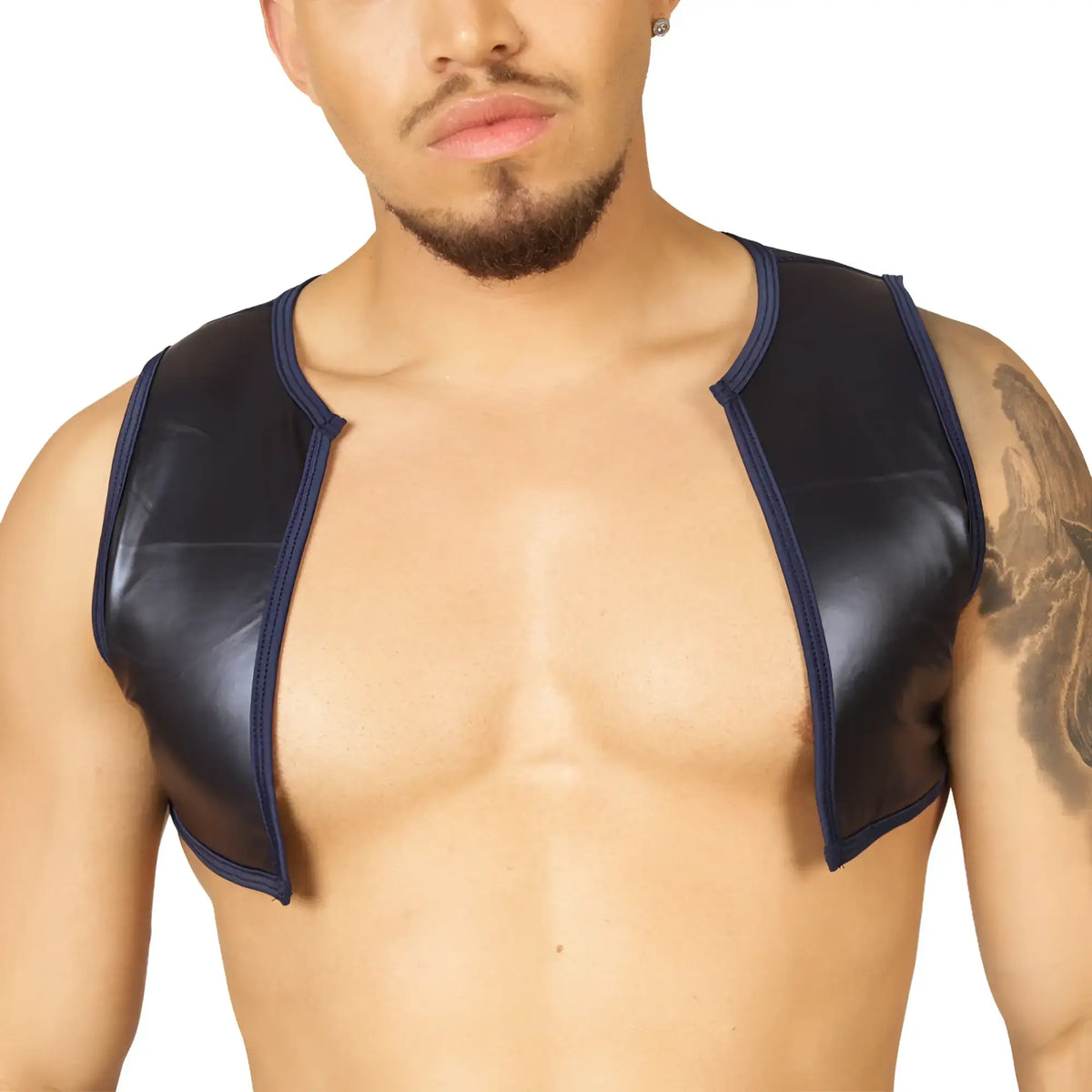 Gigo Passione black vest harness in black patent leather with navy blue trim and sleek design