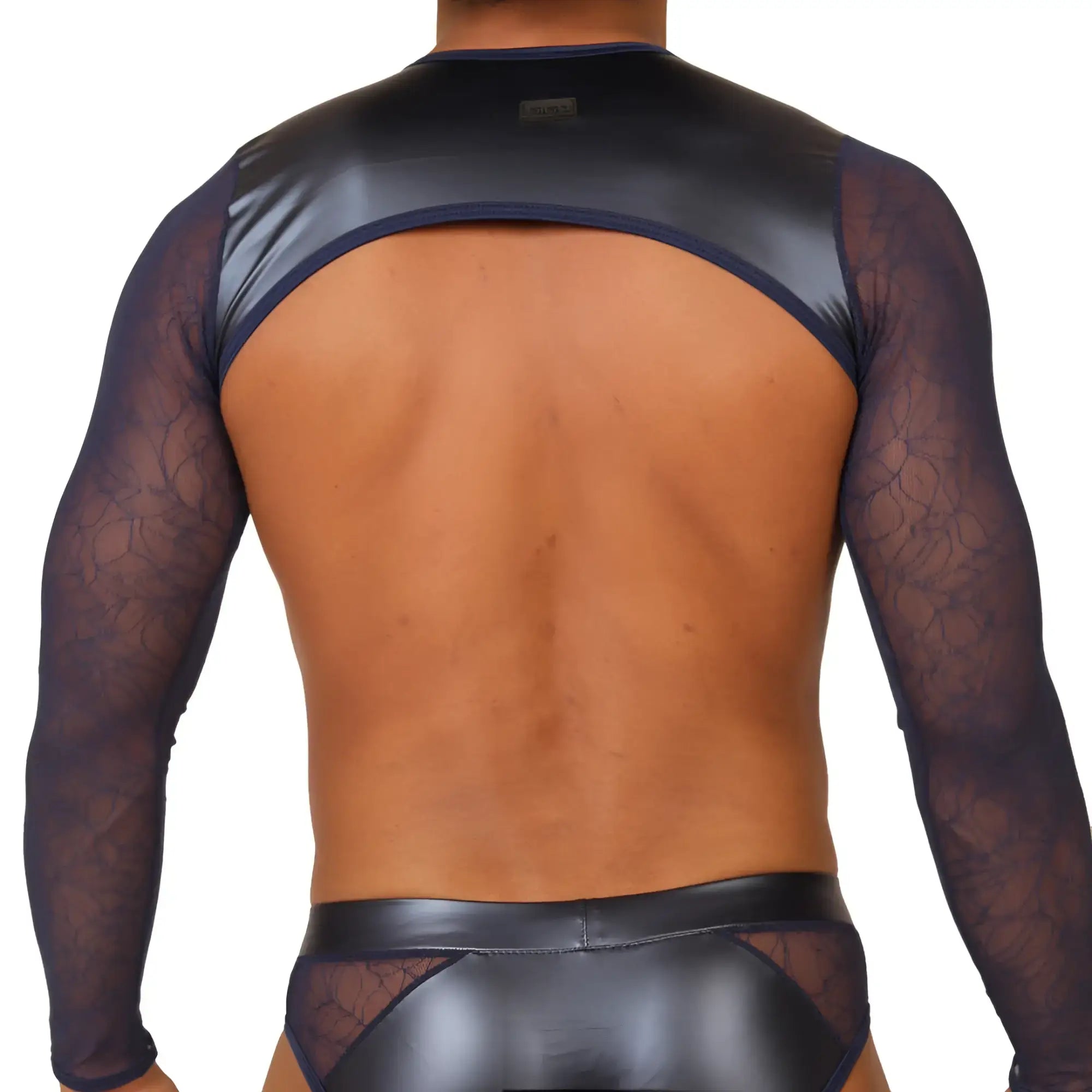 Black patent leather and sheer lace long-sleeved backless top from gigo passione blue harness collection