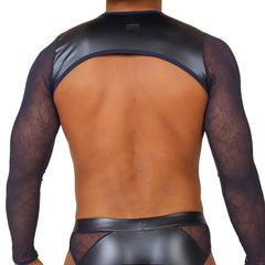 Black patent leather and sheer lace long-sleeved backless top from gigo passione blue harness collection